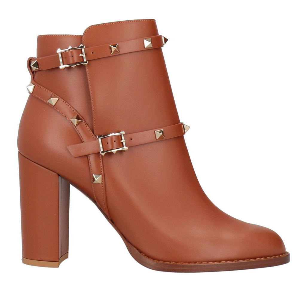 Valentino Garavani Rockstud Brown Ankle Boots in Calfskin 39.5